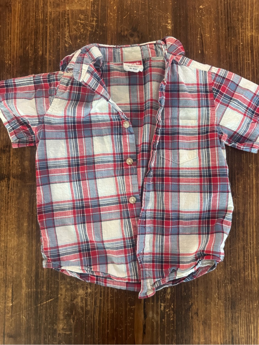 Wrangler Kids Short-Sleeve Plaid Button-Down Shirt in Red & Blue